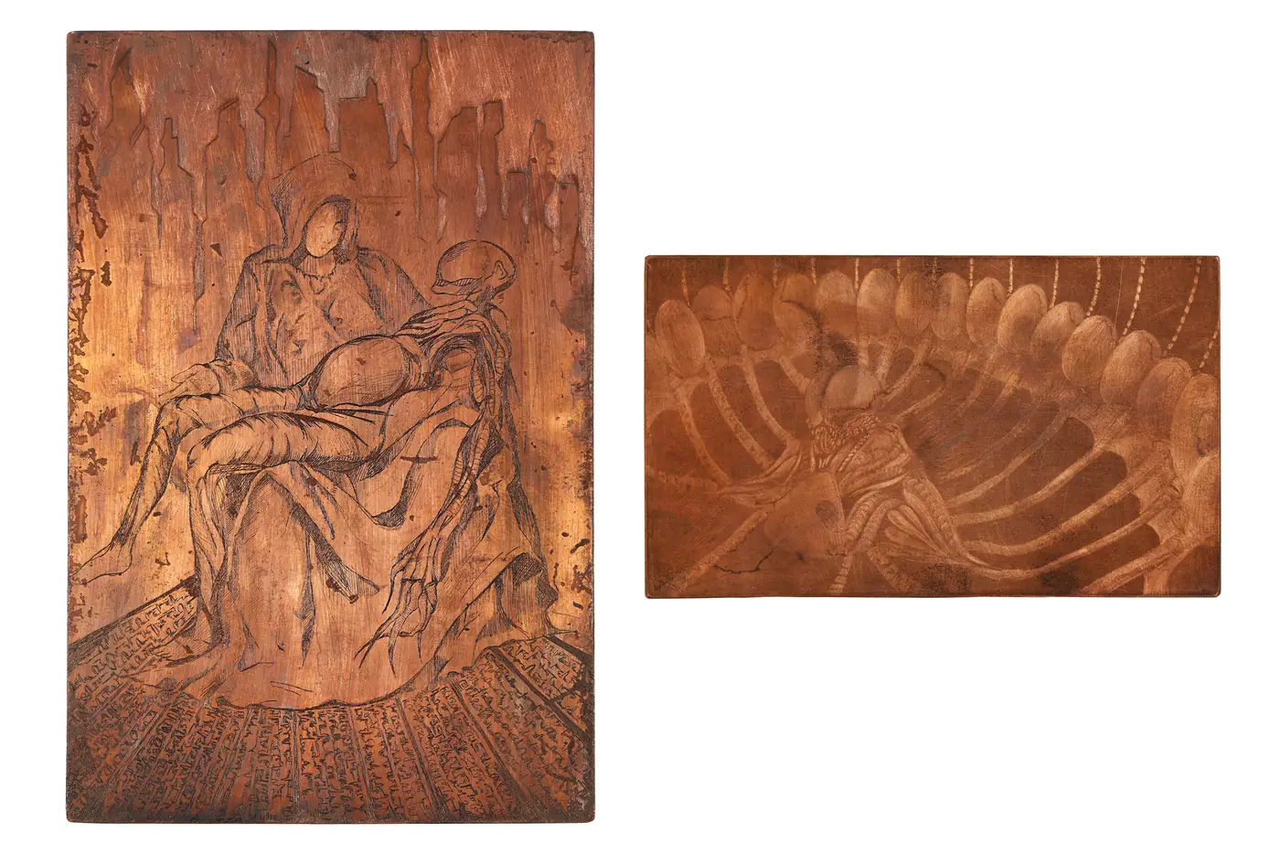 Two copper mezzotint plates side by side on white: a tall vertical plate and a smaller horizontal one.