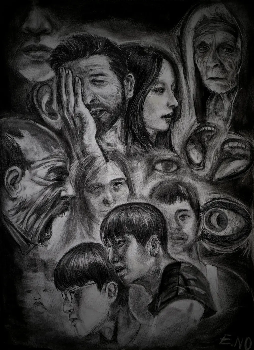 Large charcoal drawing of overlapping faces of different ages and genders, from an infant to an elderly woman, each in a different stage of grief.
