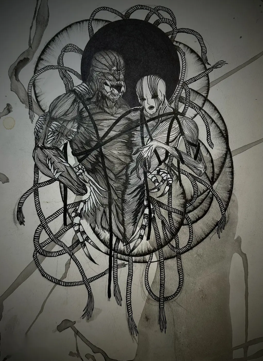 Ink drawing of two entwined figures bound by looping cords, one wearing a beast's skull, the other a thin grieving face.
