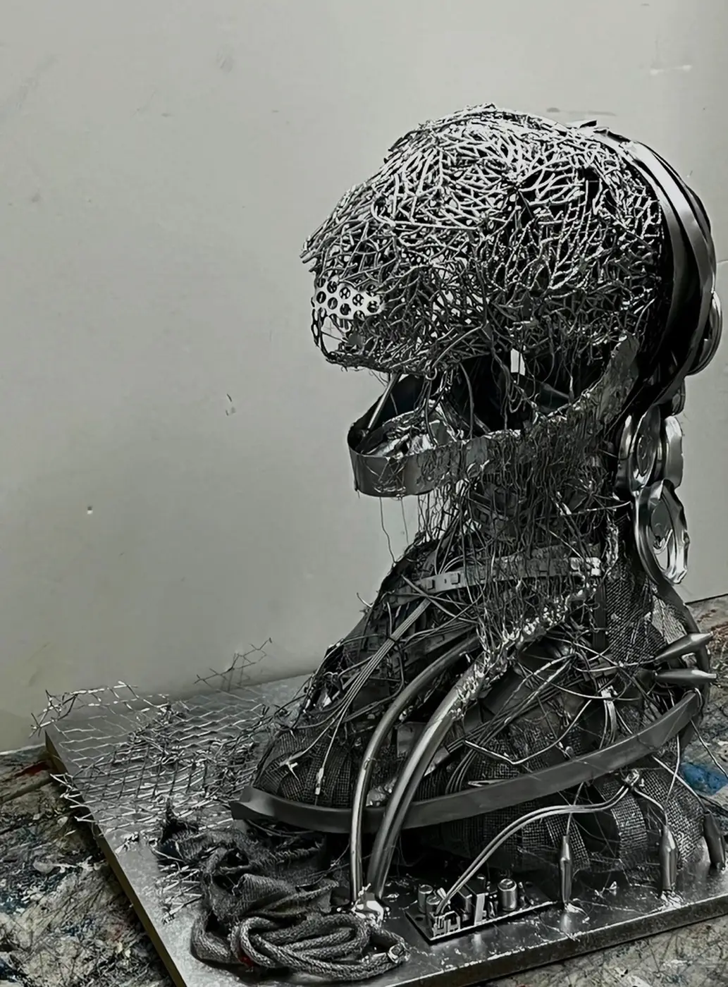 Sculpture of a skull-like head built from welded scrap metal and wire mesh, mounted on a tangle of metal rods.