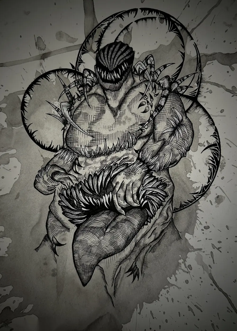 Ink drawing of a hunched figure curled in on itself, a second toothed mouth opening where the stomach should be.