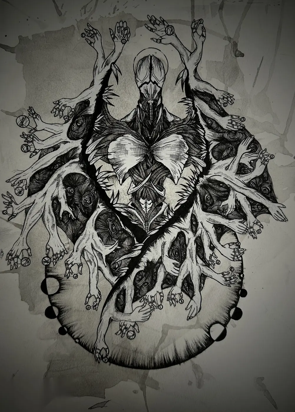 Ink drawing of a heart-shaped mass built from repeating hands and faces, enclosed by a single ring.