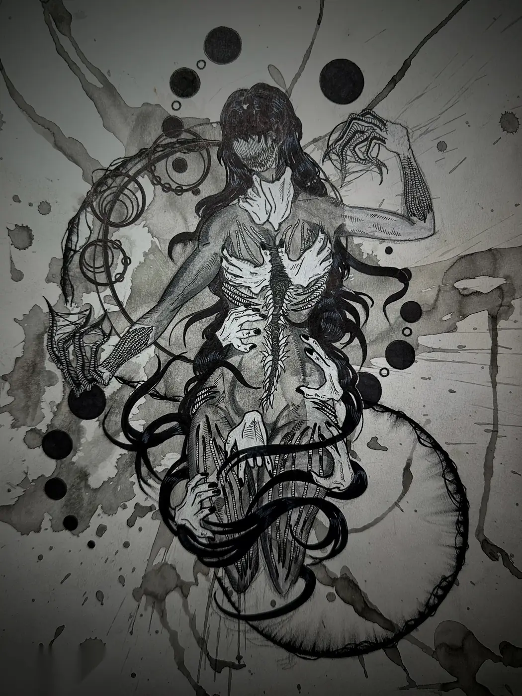 Ink drawing of a female figure whose hair and limbs coil outward like a serpent until they meet their own tail.