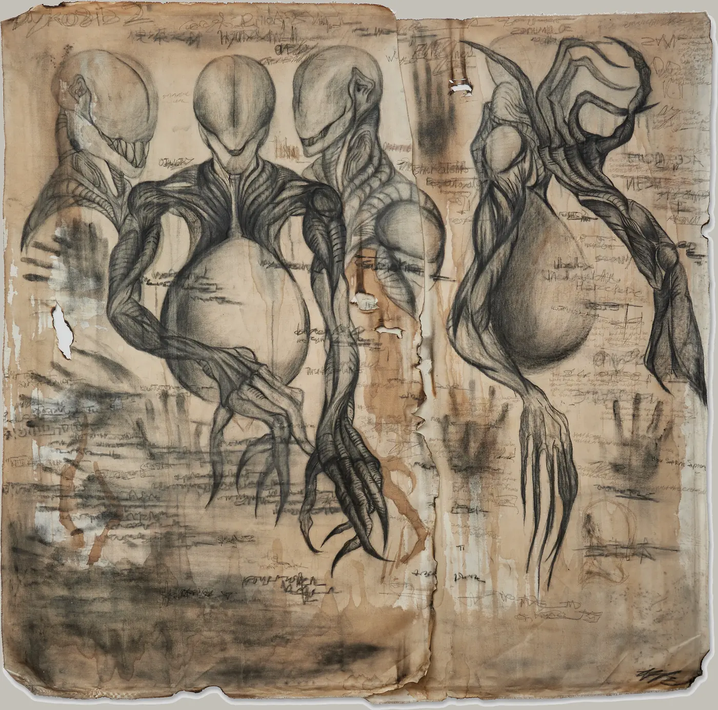 Mixed media work on stained canvas showing four gaunt elongated humanoid figures with bulbous abdomens and long clawed limbs, in sepia and charcoal.