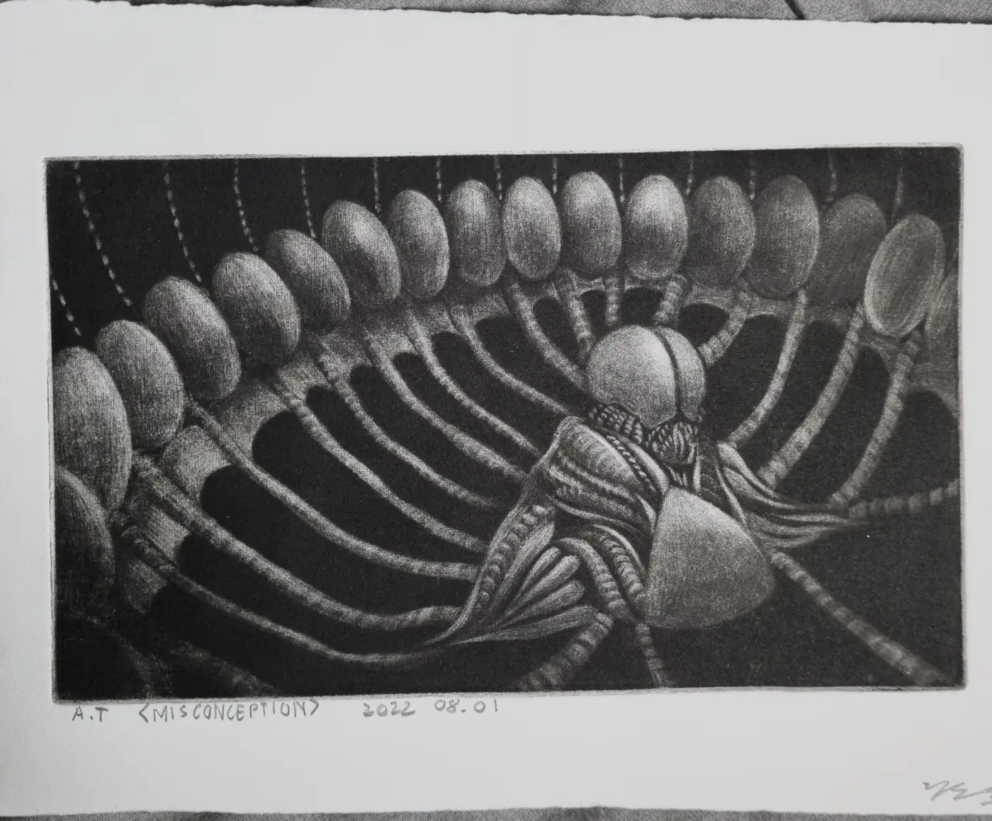 Mezzotint detail study of a ribbed shell arching over a small curled figure, like a ribcage and a womb at once.