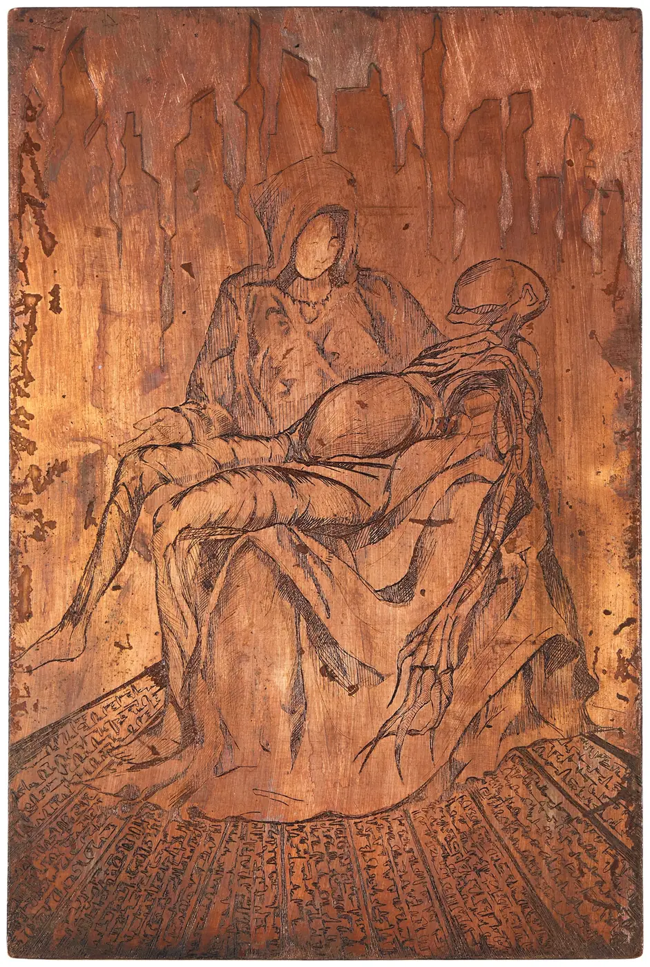 The engraved copper mezzotint plate for Pietà, the image cut into warm reddish metal, reversed.
