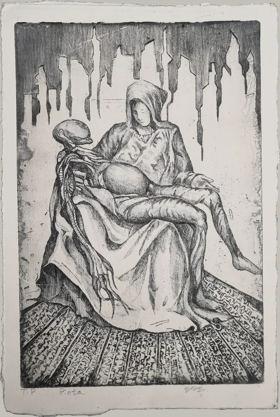 Mezzotint print reworking the Pietà: a shrouded seated figure cradling an elongated skeletal post-human body, dripping forms above, inscribed panels below.