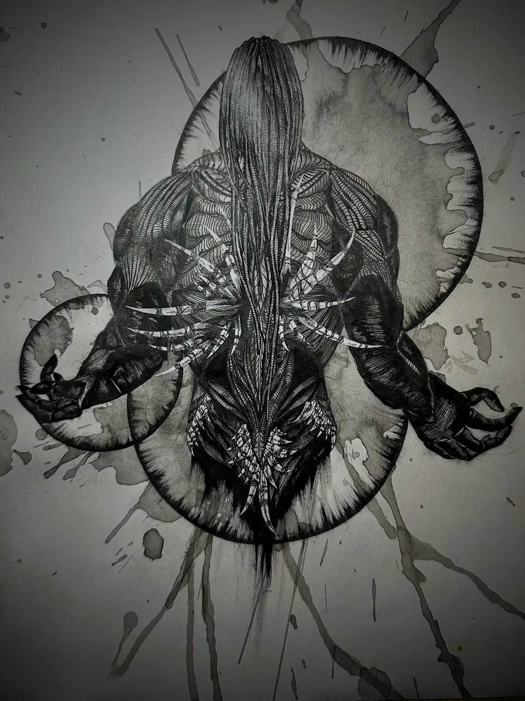 Ink drawing of a muscular figure seen from behind, spine splayed into feather-like forms, ringed by two large circles and ink splatter.