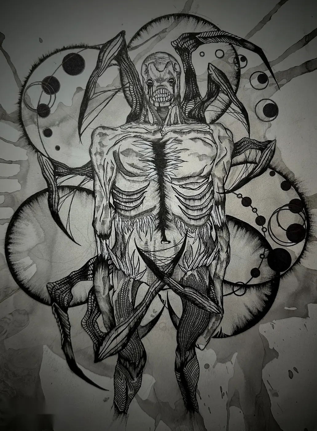 Ink drawing of an emaciated winged figure with an exposed ribcage, surrounded by small dark spheres and arcs.