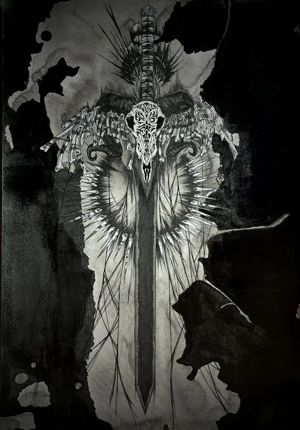 Ink drawing of a long blade rising from a skull and splayed wings, set against a black field.