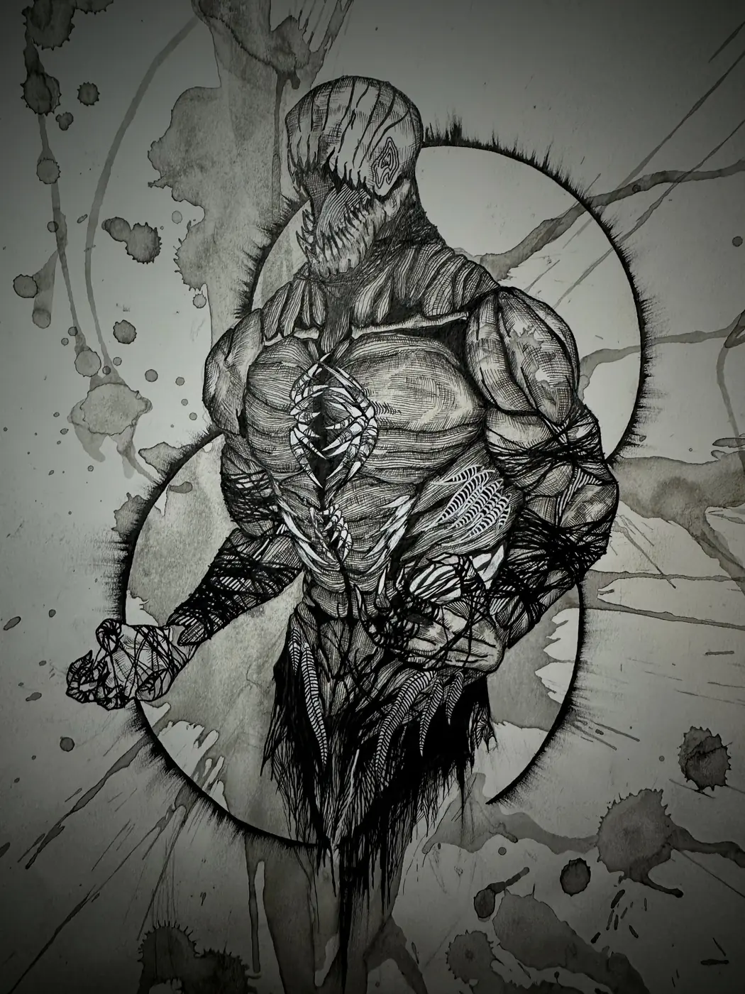 Ink drawing of a tensed figure wound with wire, caught in the instant before it strikes, ink scattered beyond the body.