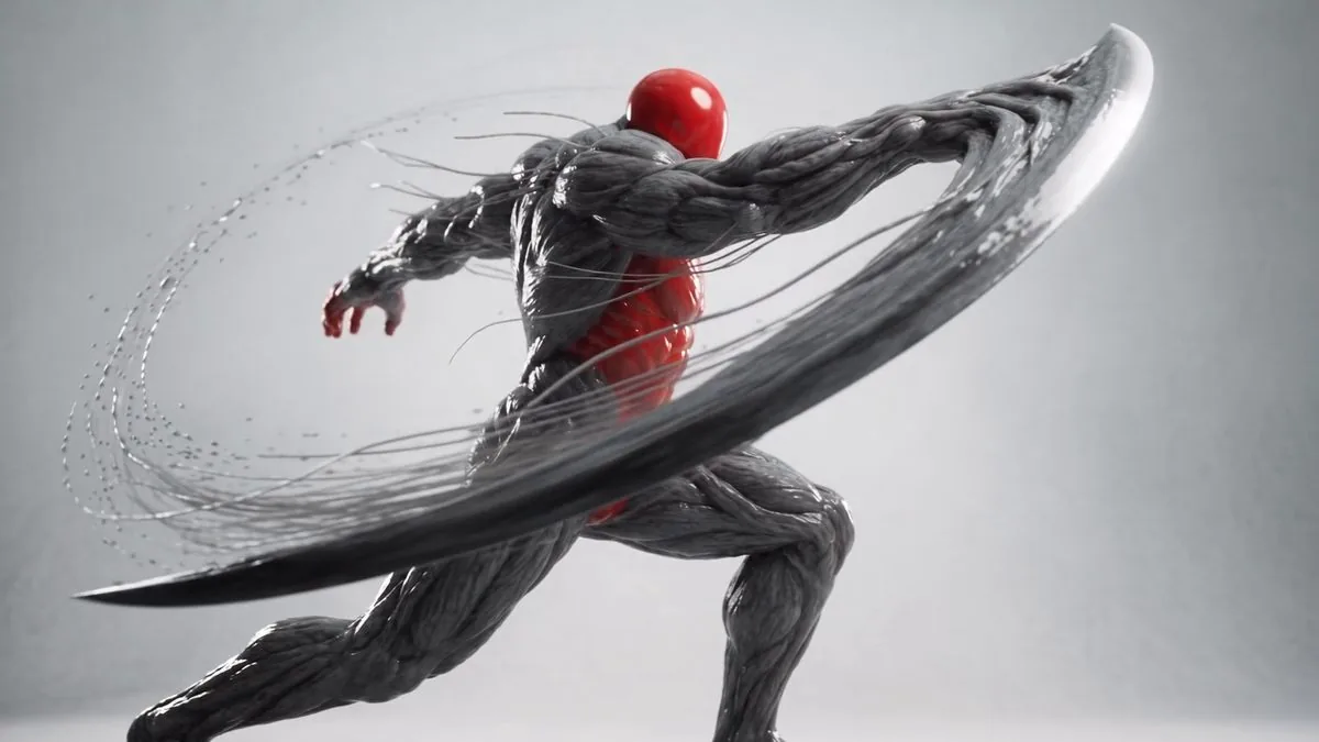 Red fighter swinging a curved blade grown from the wrist