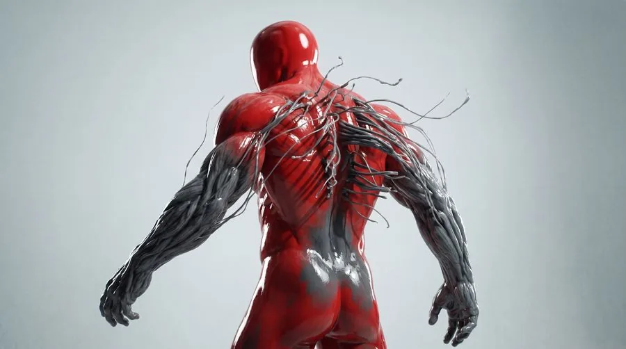 Red fighter from behind with organism spreading