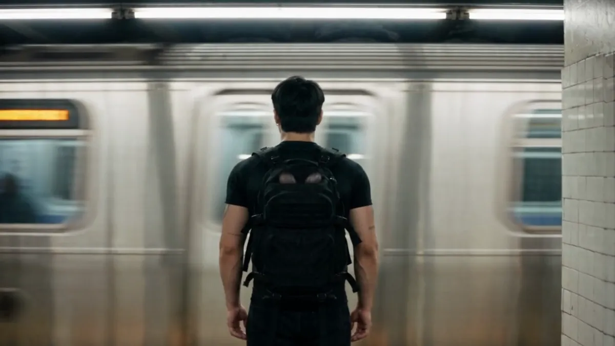 Seen from behind on a subway platform as a train passes