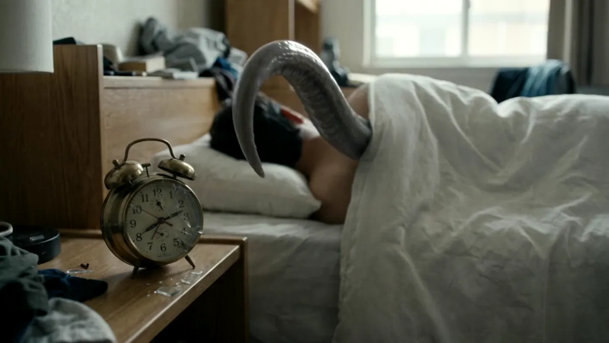 A tentacle reaching for an alarm clock beside a sleeping student