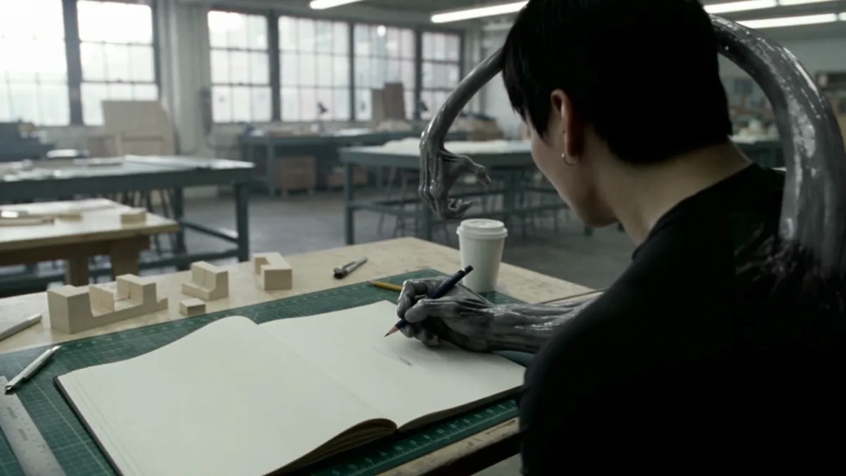 Sketching at a studio desk while a tentacle brings coffee