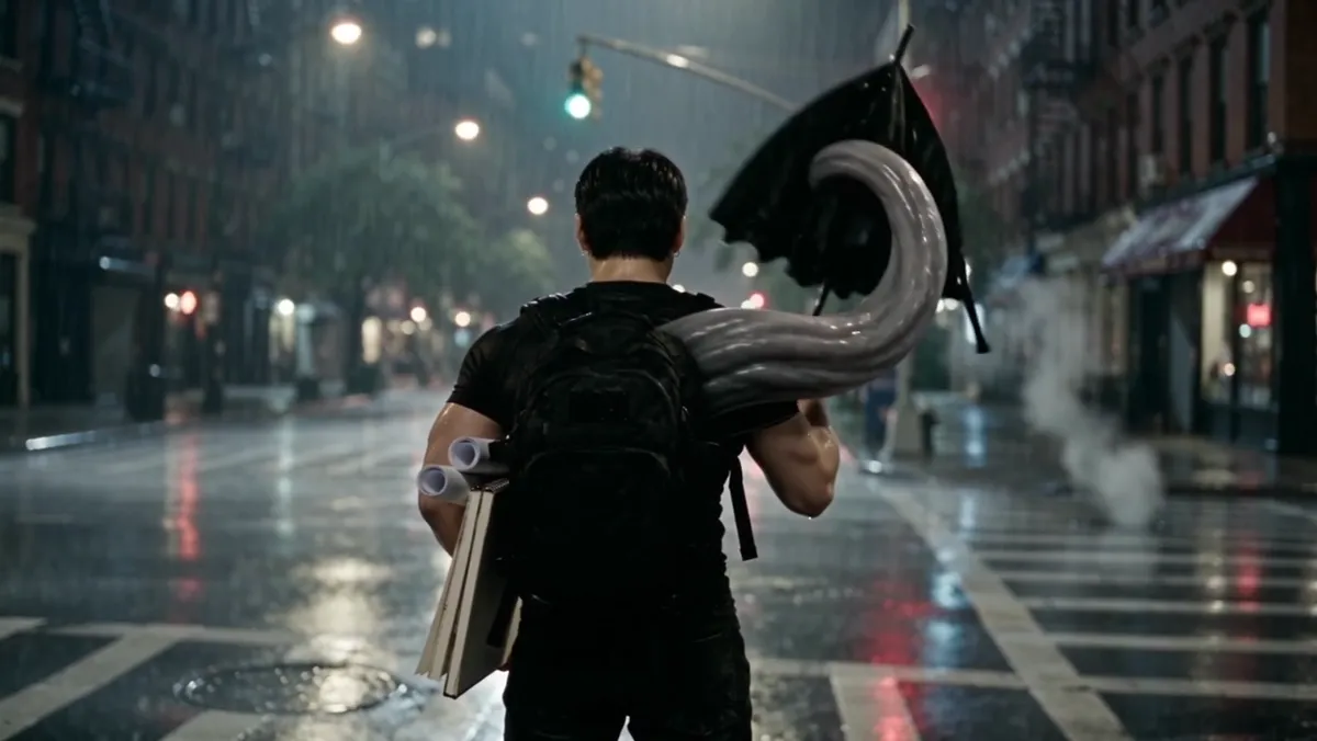 Walking in the rain while a tentacle holds an umbrella