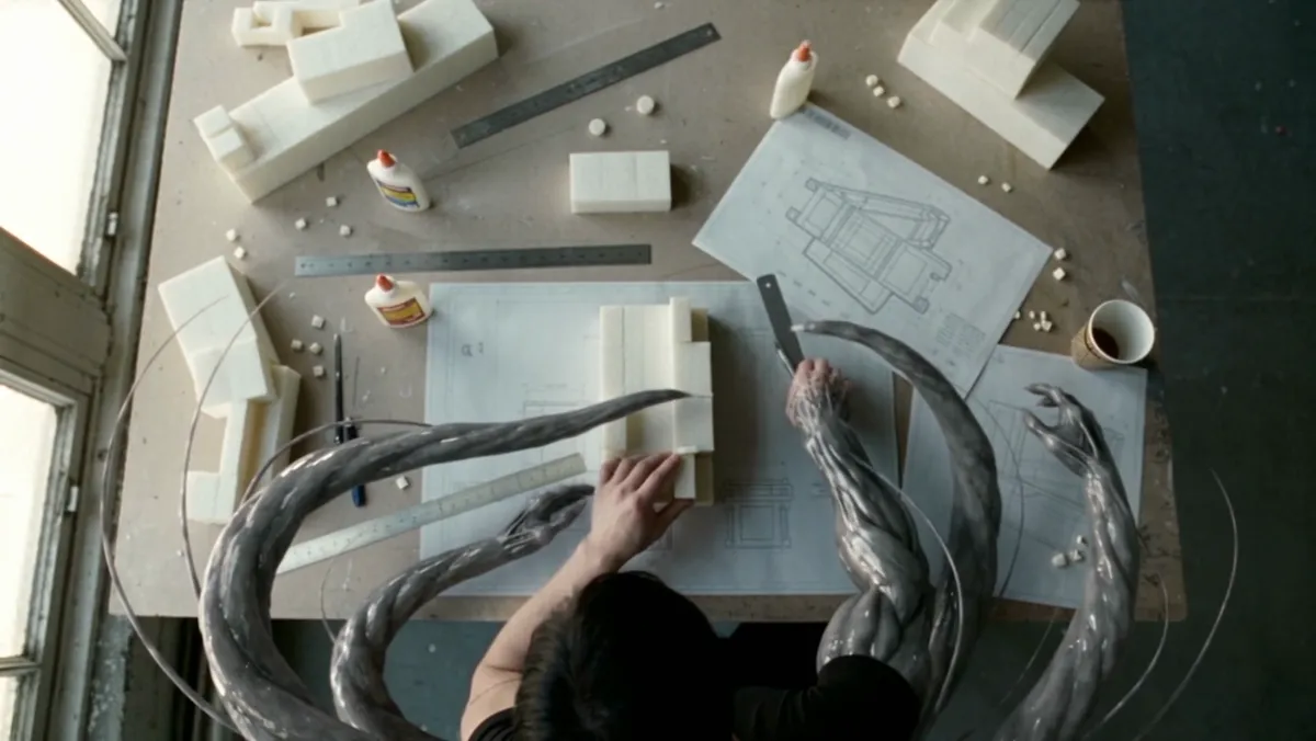Overhead view of tentacles holding several tools over a model