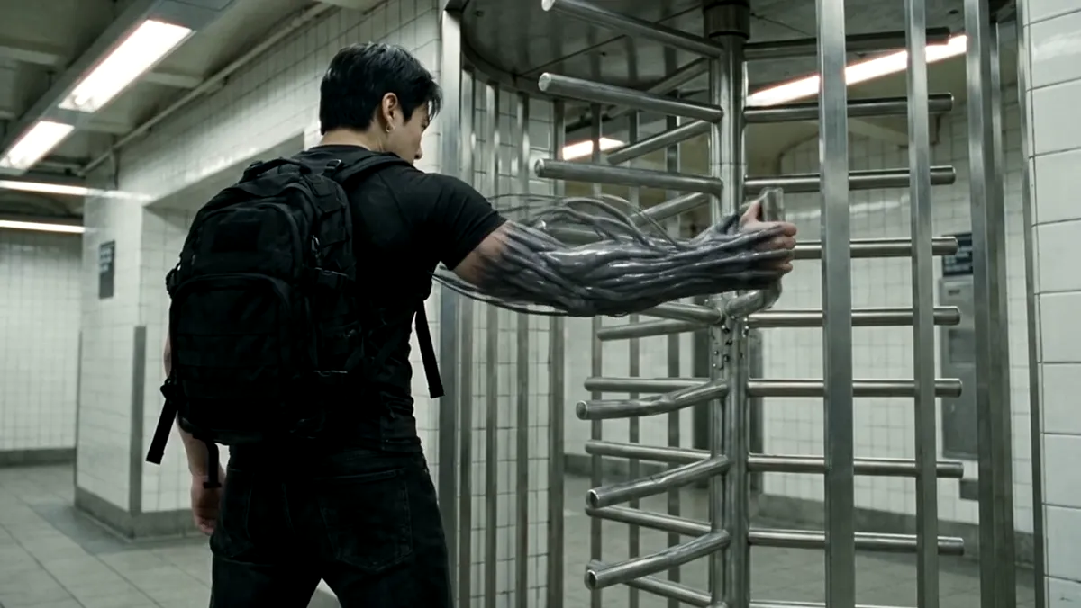 An arm covered in the organism pushing through a subway turnstile