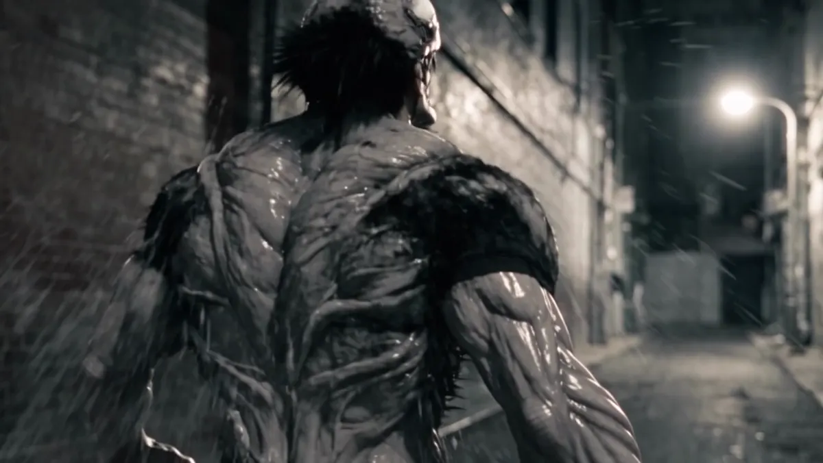 The fully transformed back in the alley, the first image of the film