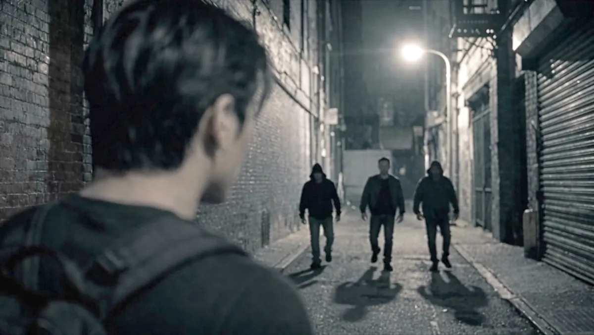 Three men approaching down an alley, seen over the shoulder