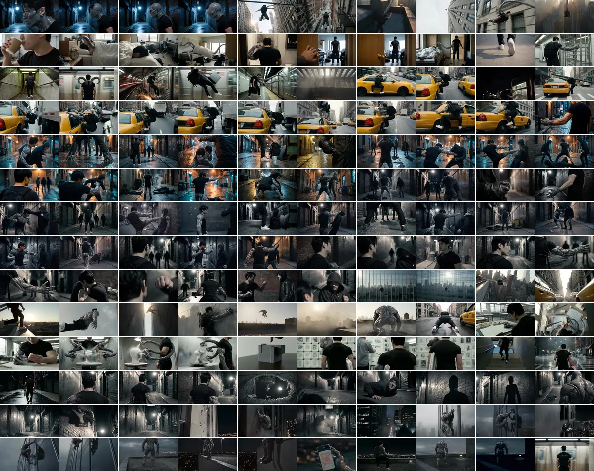 A mosaic of 140 small frames, one from each generated clip, in chronological order