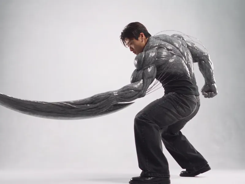 A man on a white set with a grey organism over his arms swinging a long curved blade