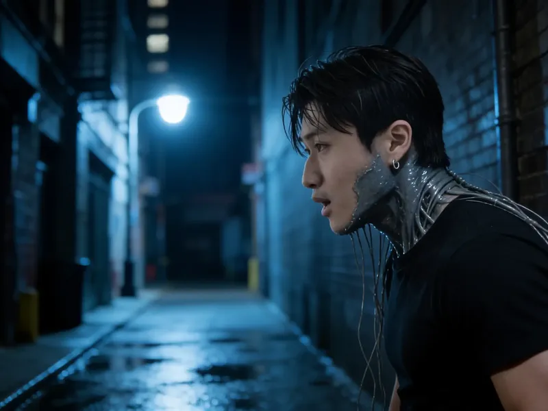 Side profile of a man in a night alley with grey tissue creeping up his neck