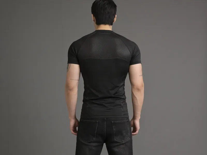 A muscular man seen from behind in a black T-shirt, black jeans and white sneakers