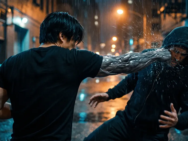 A man with grey organic arms punching a hooded man in an alley