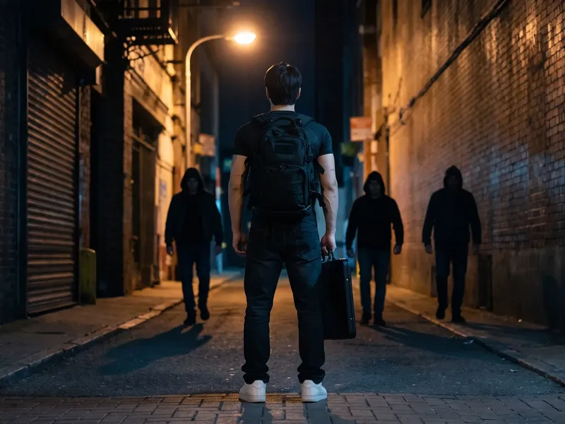 Three hooded men walking toward a man in a night alley