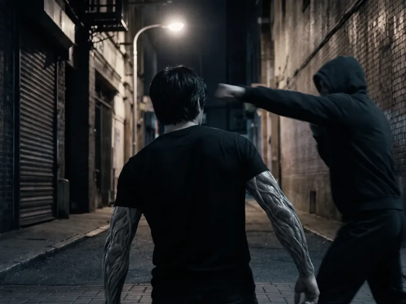 A grey organic forearm striking a hooded man in a night alley