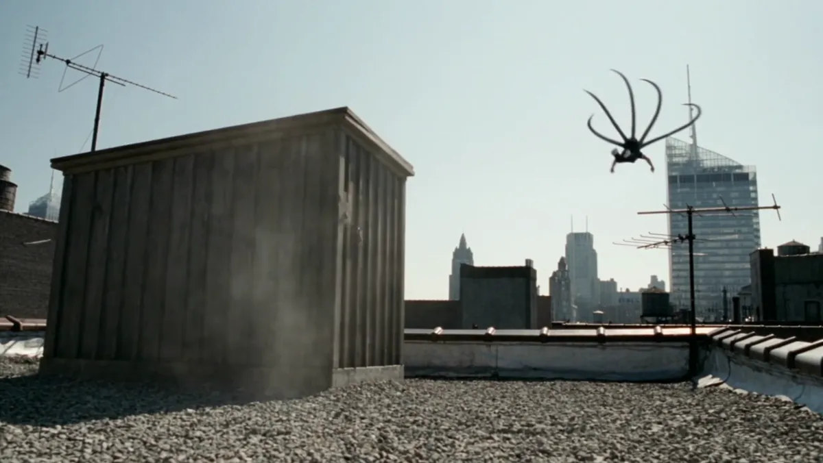 Airborne over the rooftops with all the tentacles spread