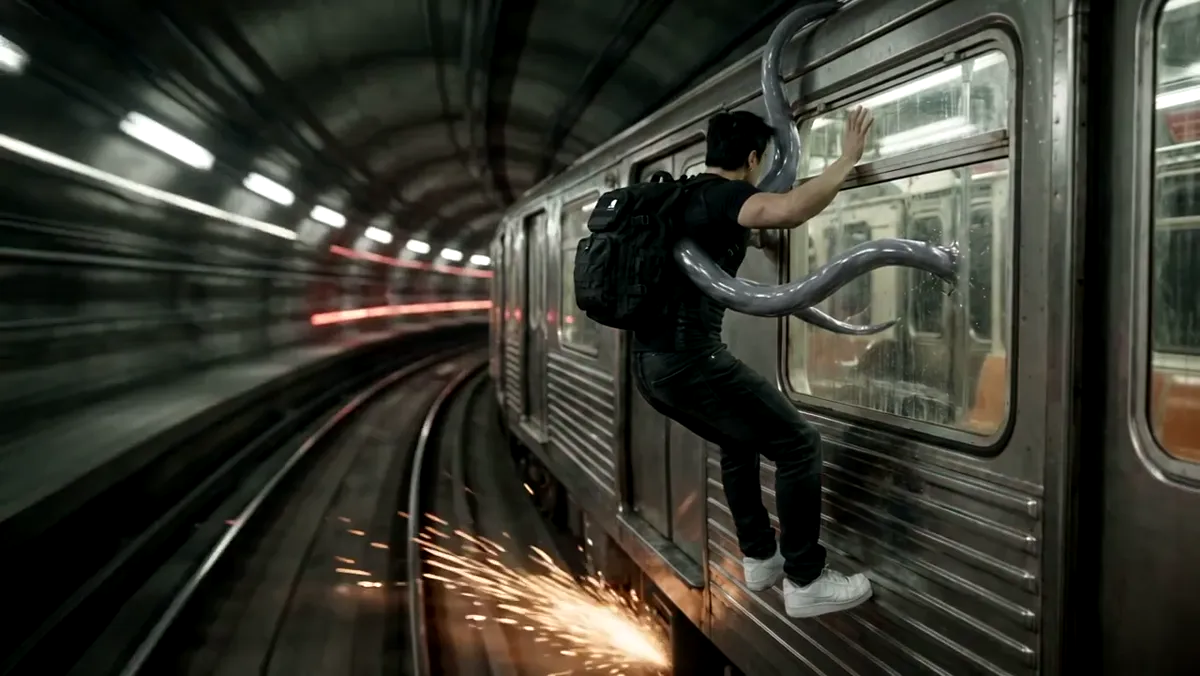 Hanging on the outside of a moving subway car, sparks at the feet
